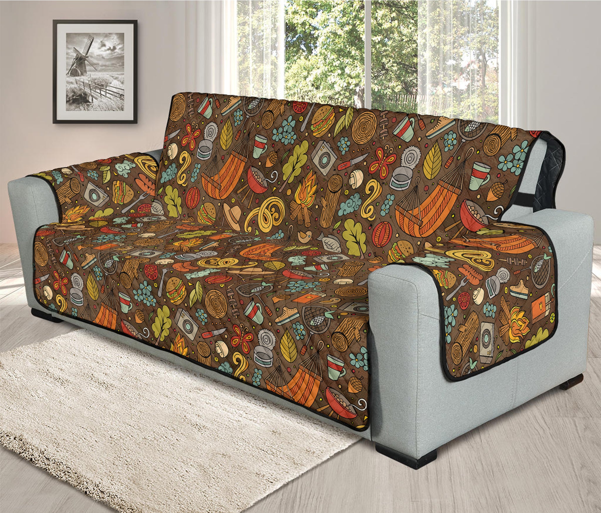 Cartoon Camping Pattern Print Oversized Sofa Protector