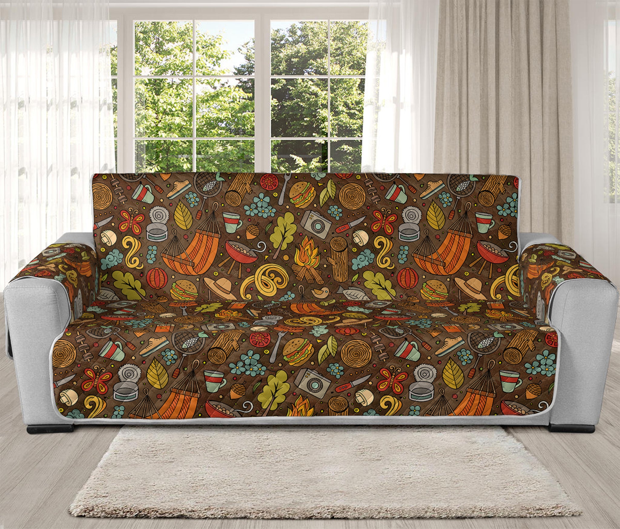 Cartoon Camping Pattern Print Oversized Sofa Protector