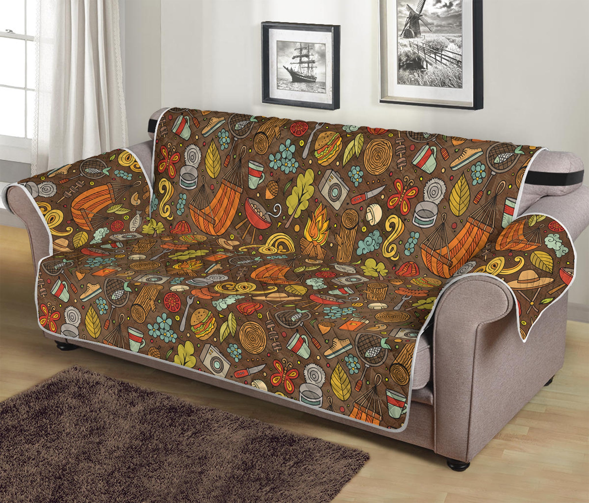 Cartoon Camping Pattern Print Sofa Protector