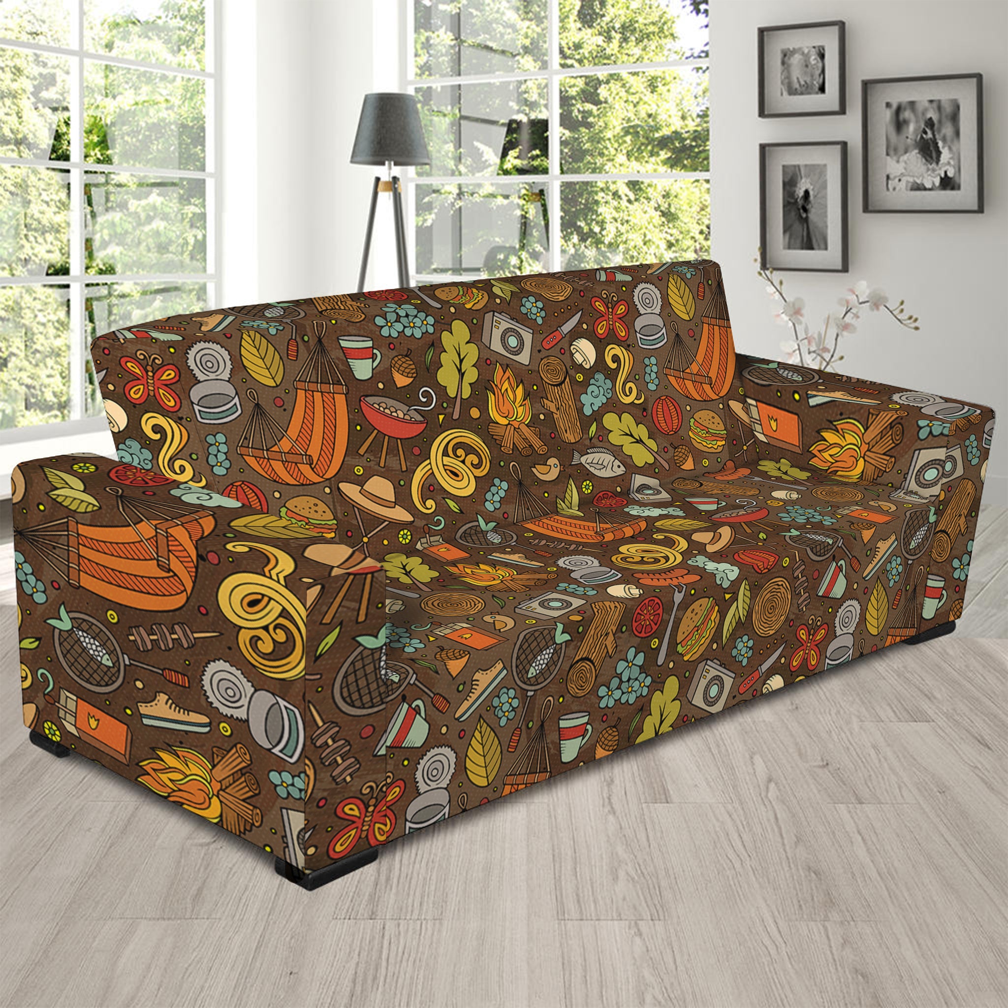 Cartoon Camping Pattern Print Sofa Slipcover