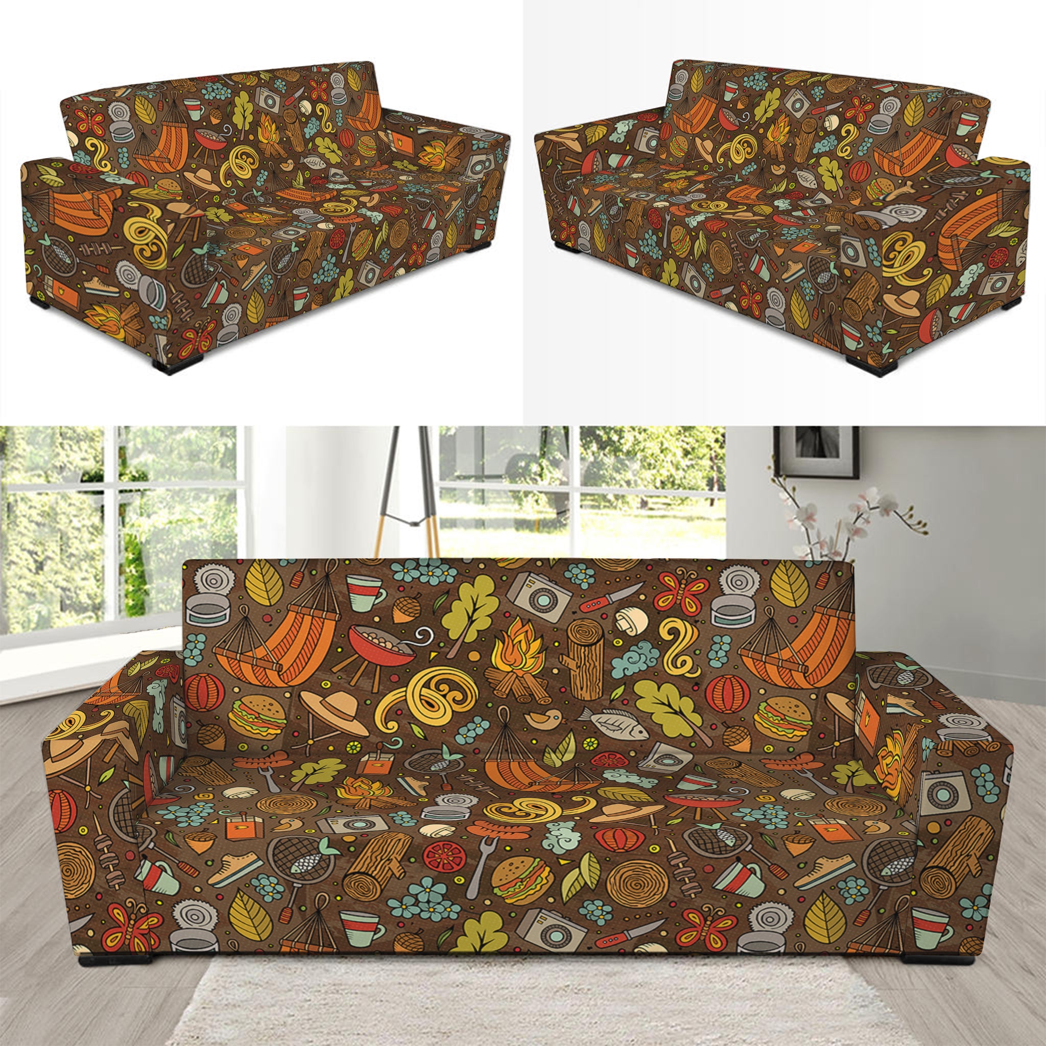 Cartoon Camping Pattern Print Sofa Slipcover