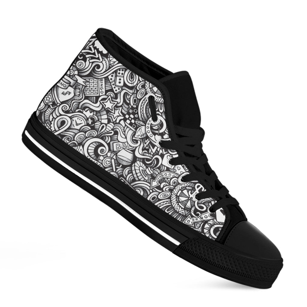 Cartoon Casino Card Pattern Print Black High Top Shoes