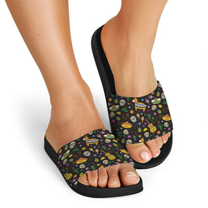 Cartoon Cinco de Mayo Pattern Print Black Slide Sandals