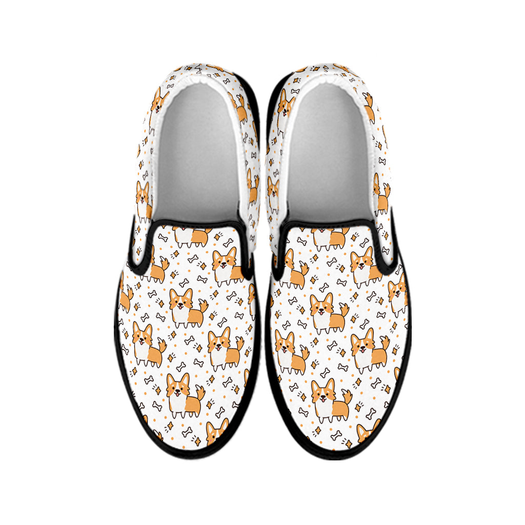 Cartoon Corgi Pattern Print Black Slip On Shoes