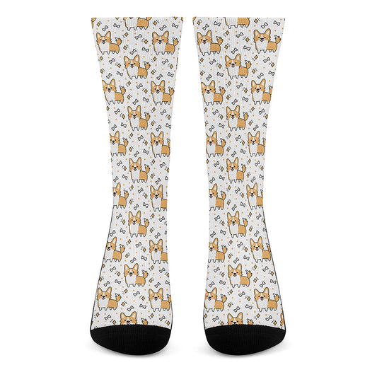 Cartoon Corgi Pattern Print Crew Socks