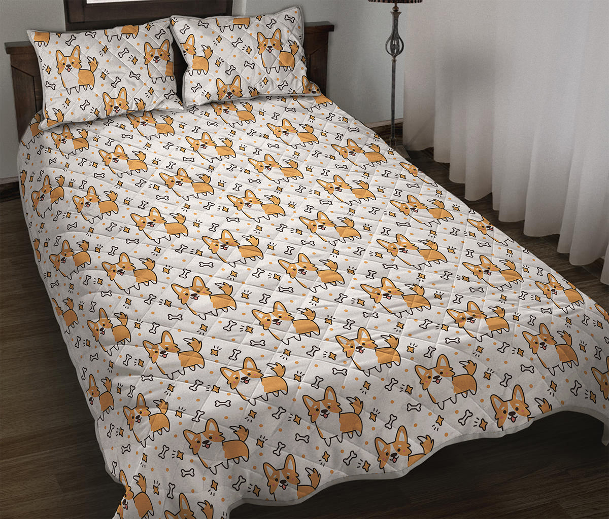 Cartoon Corgi Pattern Print Quilt Bed Set