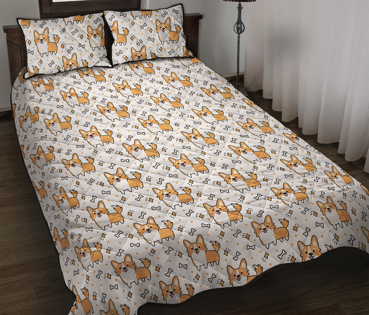 Cartoon Corgi Pattern Print Quilt Bed Set