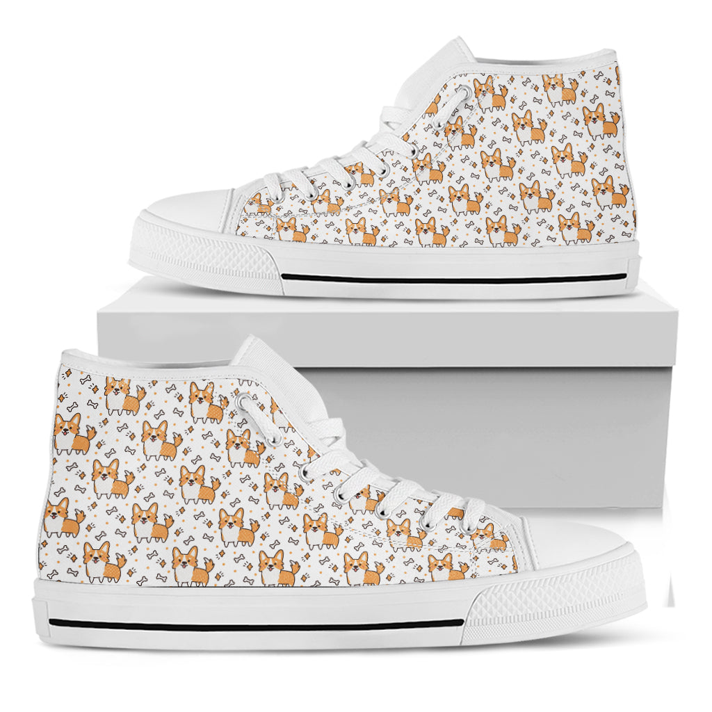 Cartoon Corgi Pattern Print White High Top Shoes