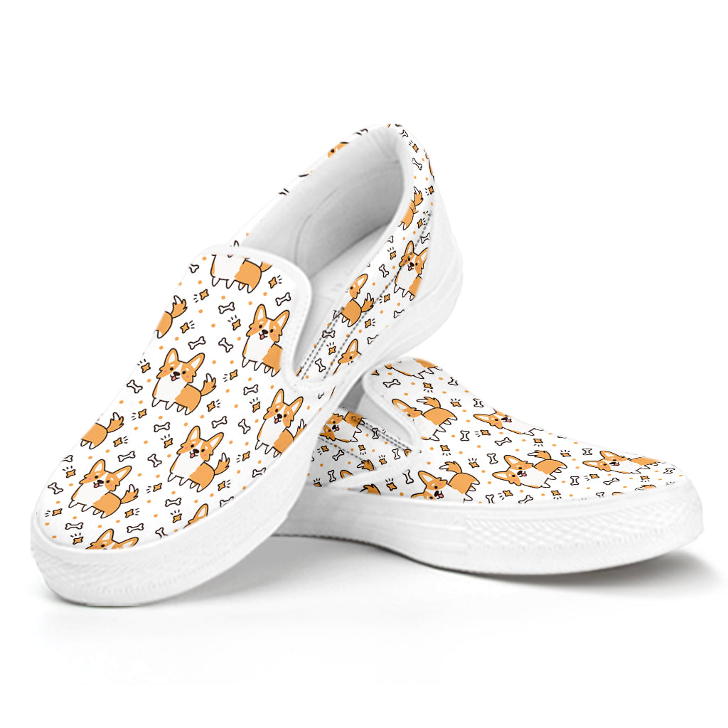 Cartoon Corgi Pattern Print White Slip On Shoes