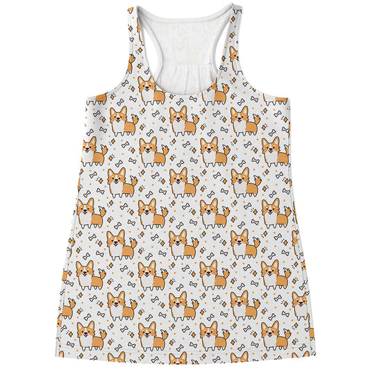 Cartoon Corgi Pattern Print Women's Racerback Tank Top