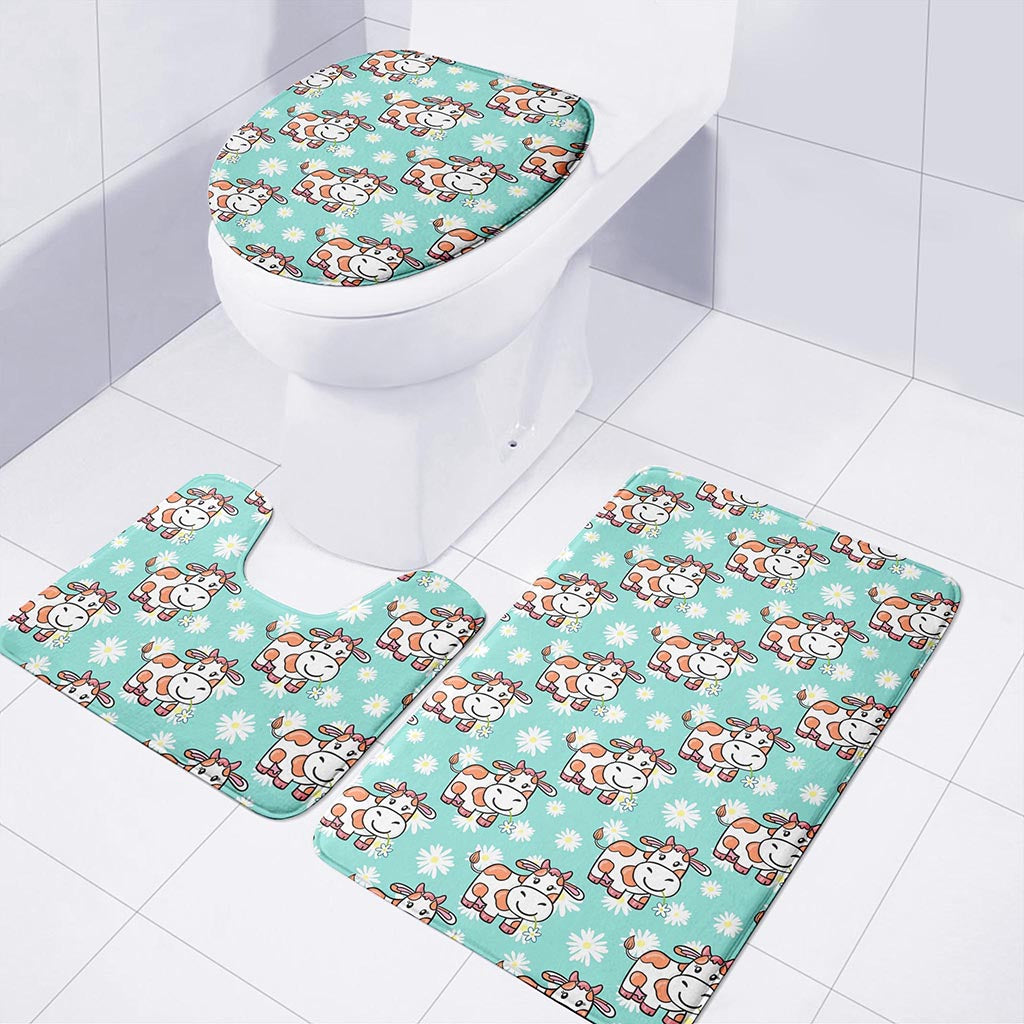 Cartoon Cow And Daisy Flower Print 3 Piece Bath Mat Set