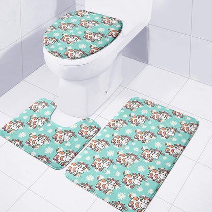Cartoon Cow And Daisy Flower Print 3 Piece Bath Mat Set