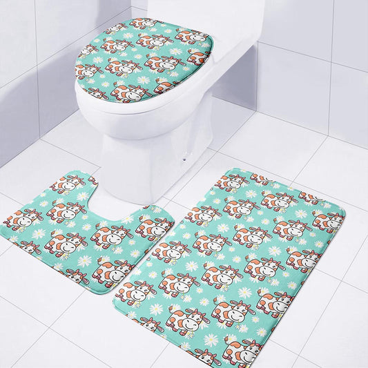 Cartoon Cow And Daisy Flower Print 3 Piece Bath Mat Set