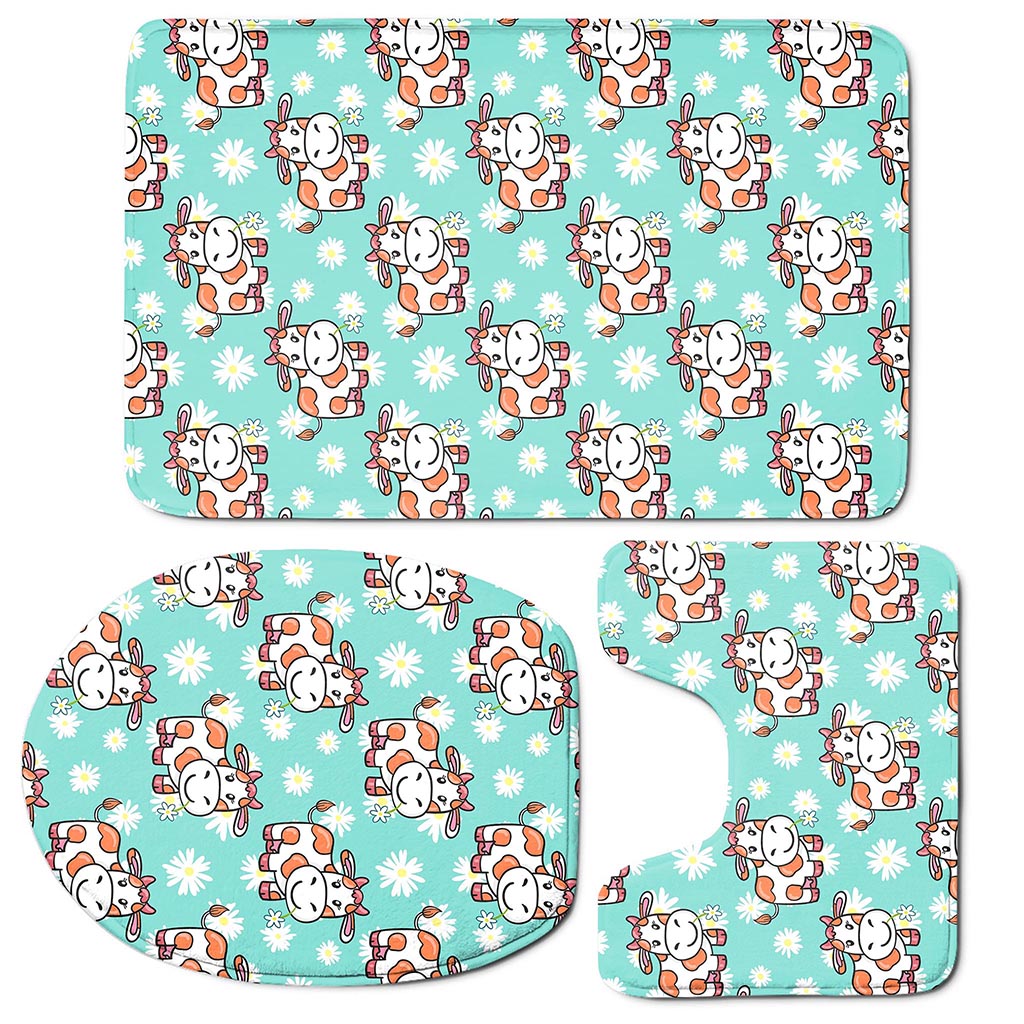 Cartoon Cow And Daisy Flower Print 3 Piece Bath Mat Set