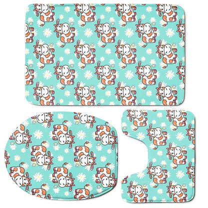 Cartoon Cow And Daisy Flower Print 3 Piece Bath Mat Set