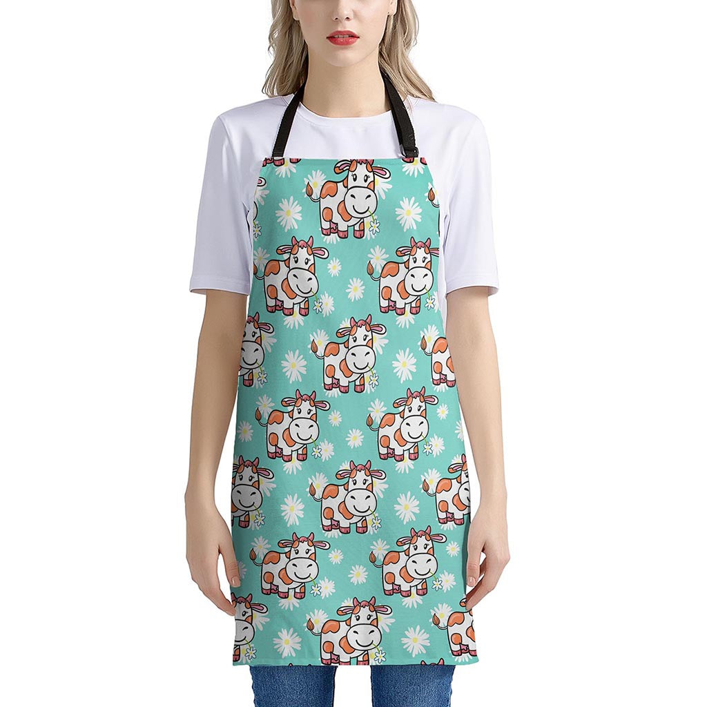 Cartoon Cow And Daisy Flower Print Apron