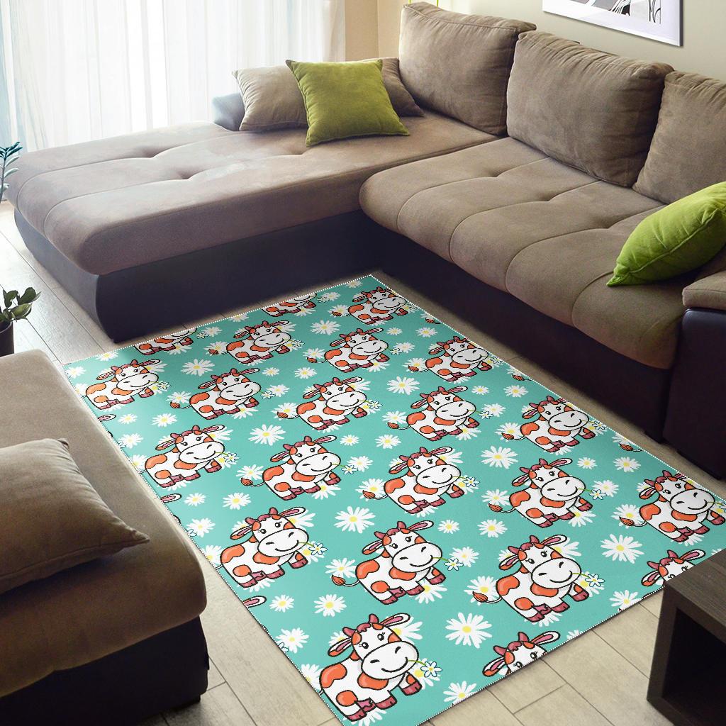 Cartoon Cow And Daisy Flower Print Area Rug GearFrost