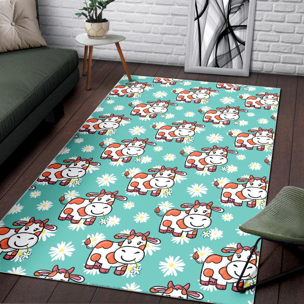 Cartoon Cow And Daisy Flower Print Area Rug GearFrost
