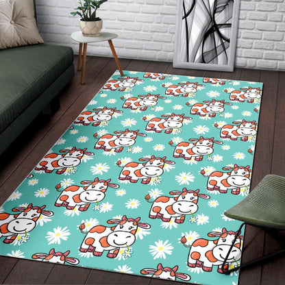 Cartoon Cow And Daisy Flower Print Area Rug GearFrost