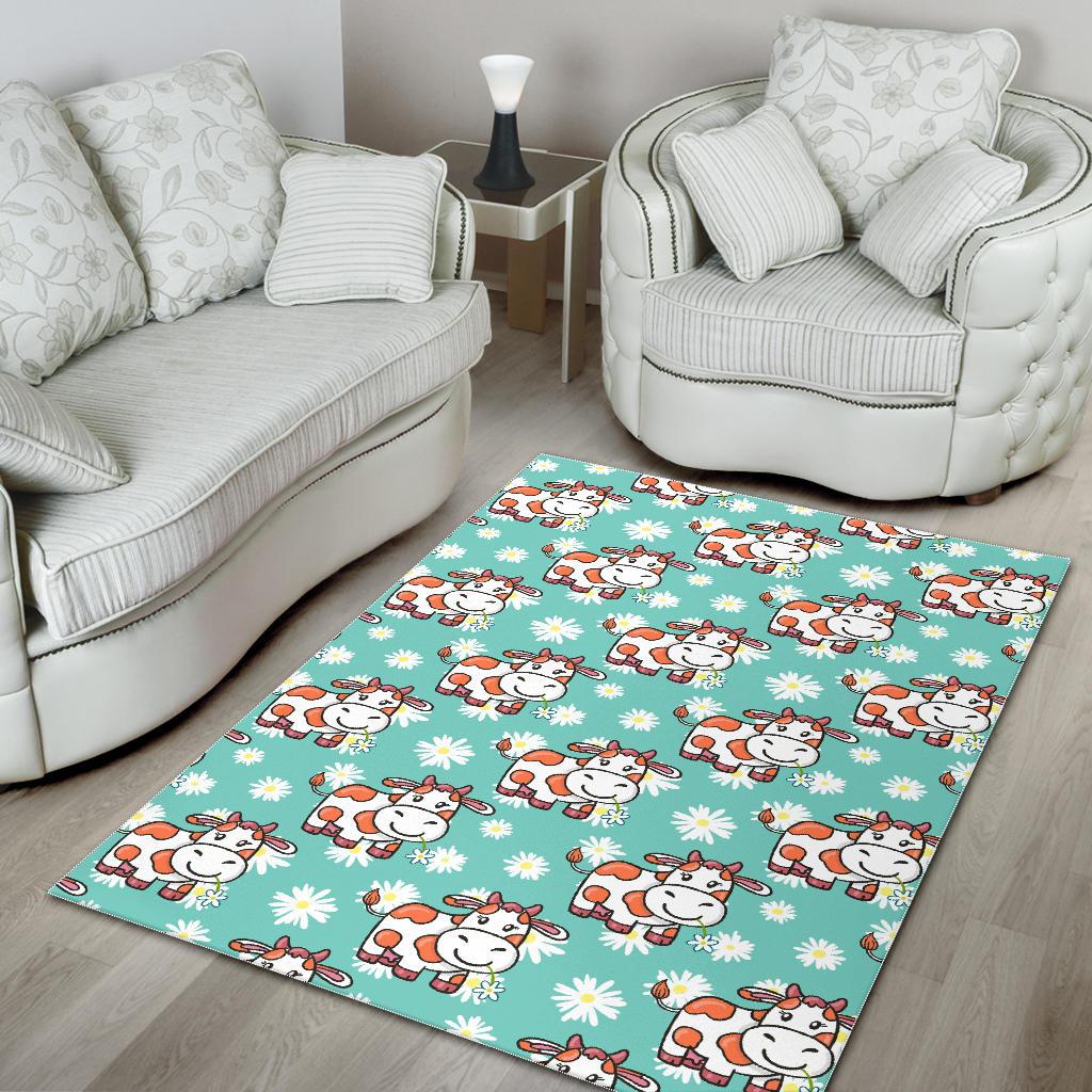Cartoon Cow And Daisy Flower Print Area Rug GearFrost