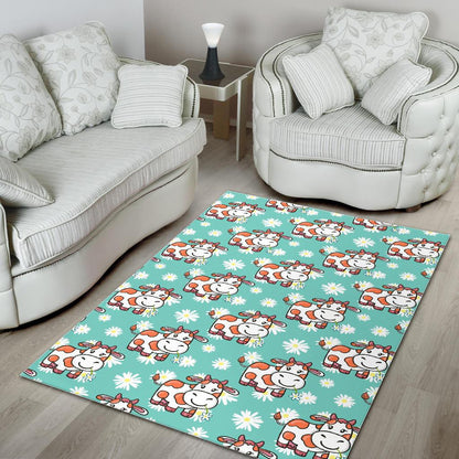 Cartoon Cow And Daisy Flower Print Area Rug GearFrost