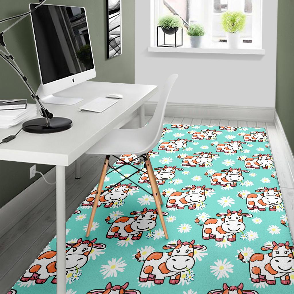 Cartoon Cow And Daisy Flower Print Area Rug GearFrost