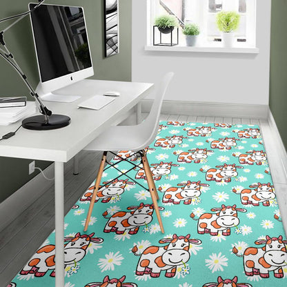 Cartoon Cow And Daisy Flower Print Area Rug GearFrost