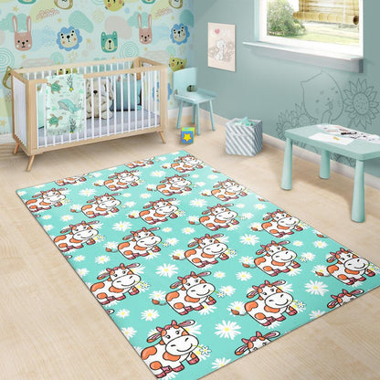 Cartoon Cow And Daisy Flower Print Area Rug GearFrost