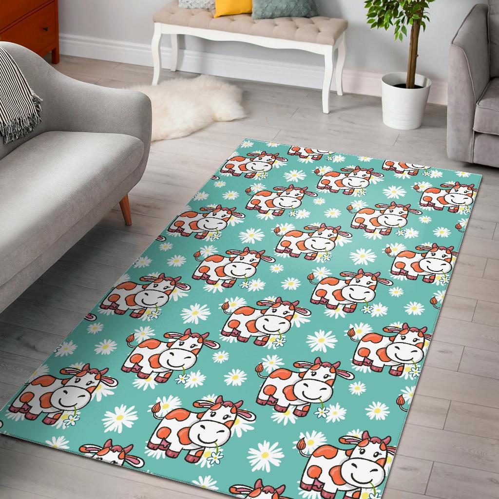 Cartoon Cow And Daisy Flower Print Area Rug GearFrost