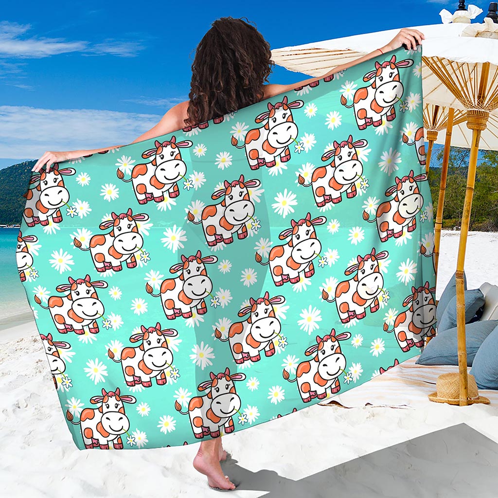 Cartoon Cow And Daisy Flower Print Beach Sarong Wrap