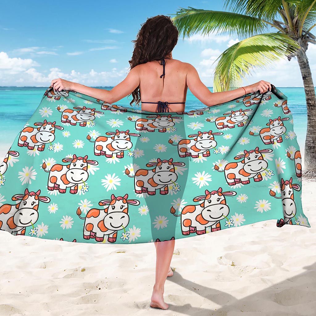 Cartoon Cow And Daisy Flower Print Beach Sarong Wrap