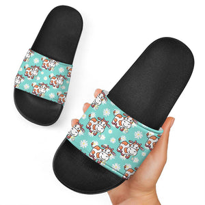 Cartoon Cow And Daisy Flower Print Black Slide Sandals