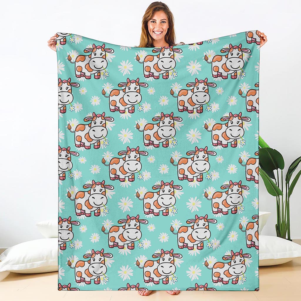Cartoon Cow And Daisy Flower Print Blanket