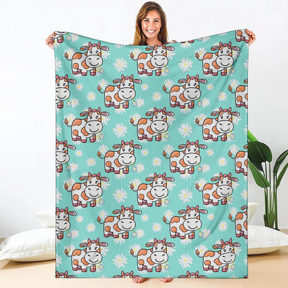 Cartoon Cow And Daisy Flower Print Blanket