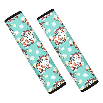 Cartoon Cow And Daisy Flower Print Car Seat Belt Covers