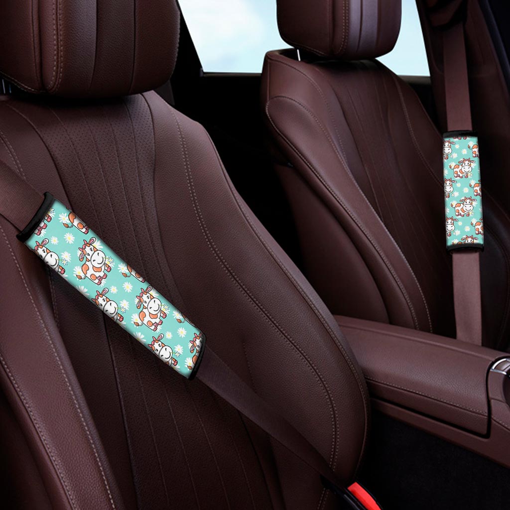 Cartoon Cow And Daisy Flower Print Car Seat Belt Covers