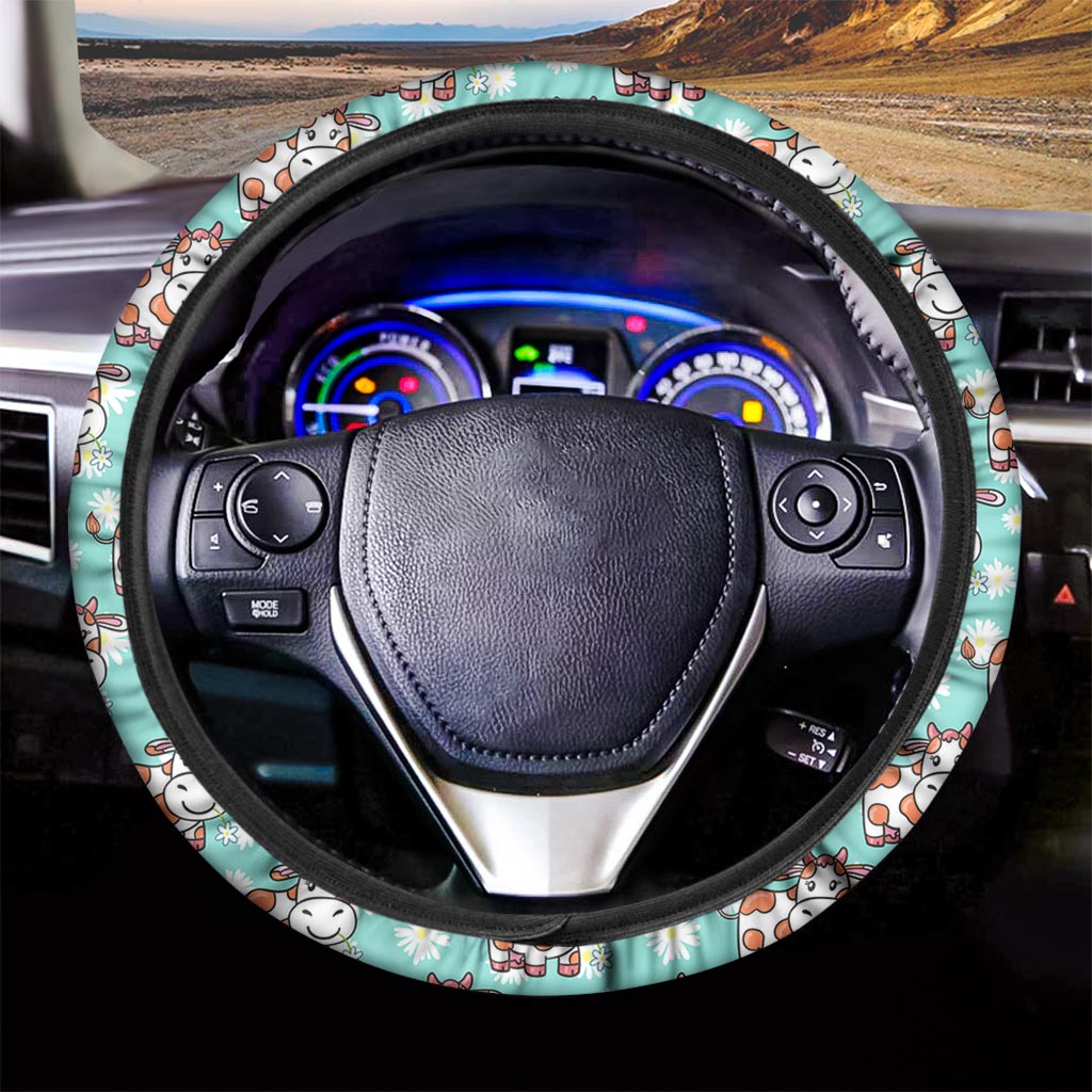 Cartoon Cow And Daisy Flower Print Car Steering Wheel Cover