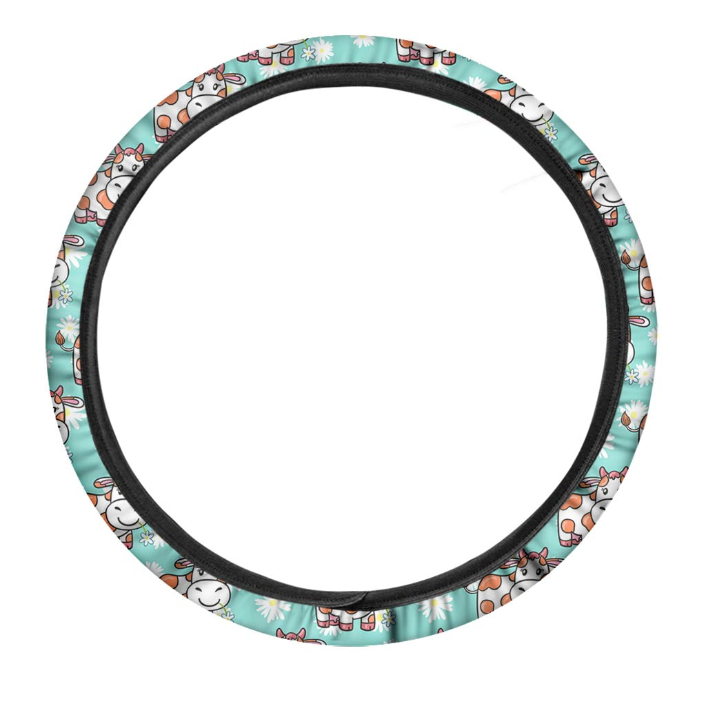 Cartoon Cow And Daisy Flower Print Car Steering Wheel Cover