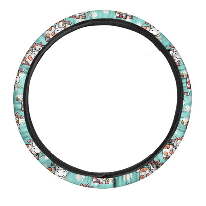 Cartoon Cow And Daisy Flower Print Car Steering Wheel Cover
