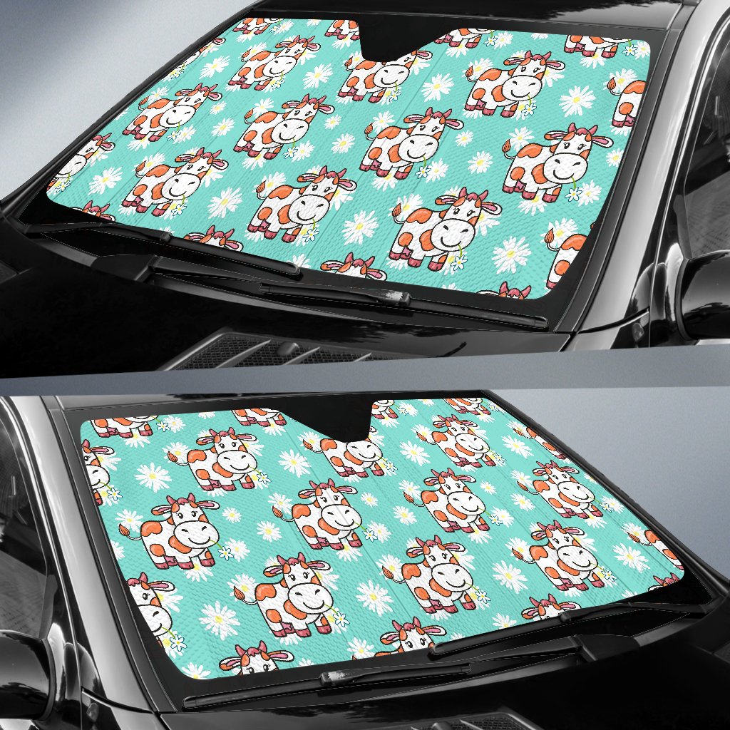 Cartoon Cow And Daisy Flower Print Car Sun Shade GearFrost