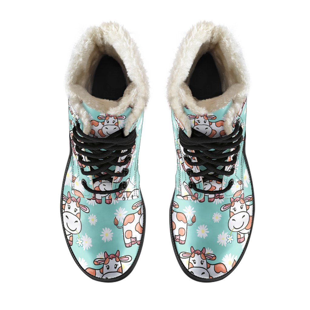 Cartoon Cow And Daisy Flower Print Comfy Boots GearFrost