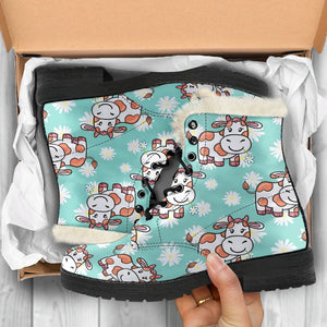 Cartoon Cow And Daisy Flower Print Comfy Boots GearFrost