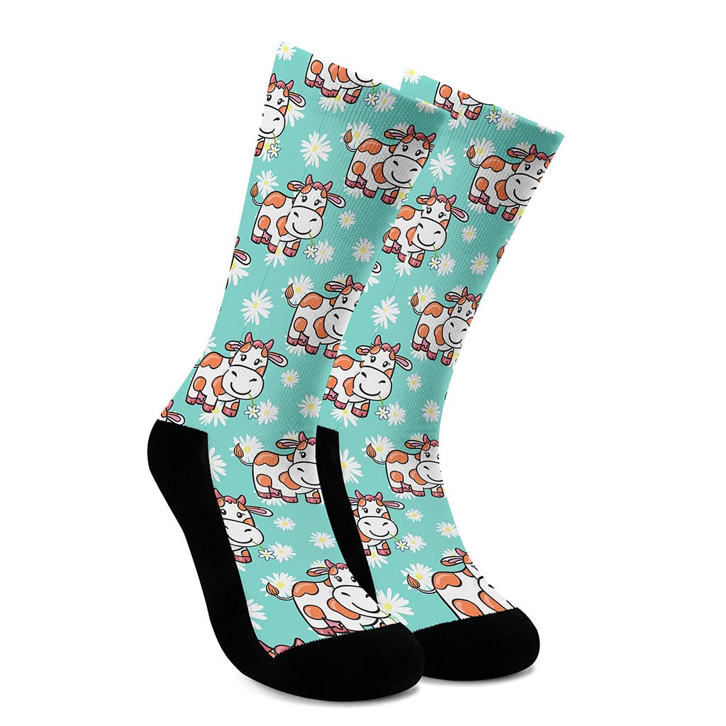 Cartoon Cow And Daisy Flower Print Crew Socks