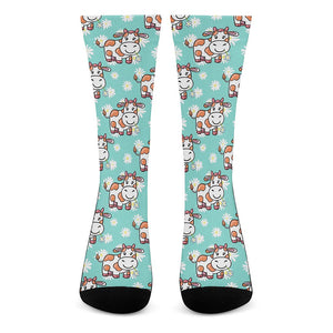 Cartoon Cow And Daisy Flower Print Crew Socks
