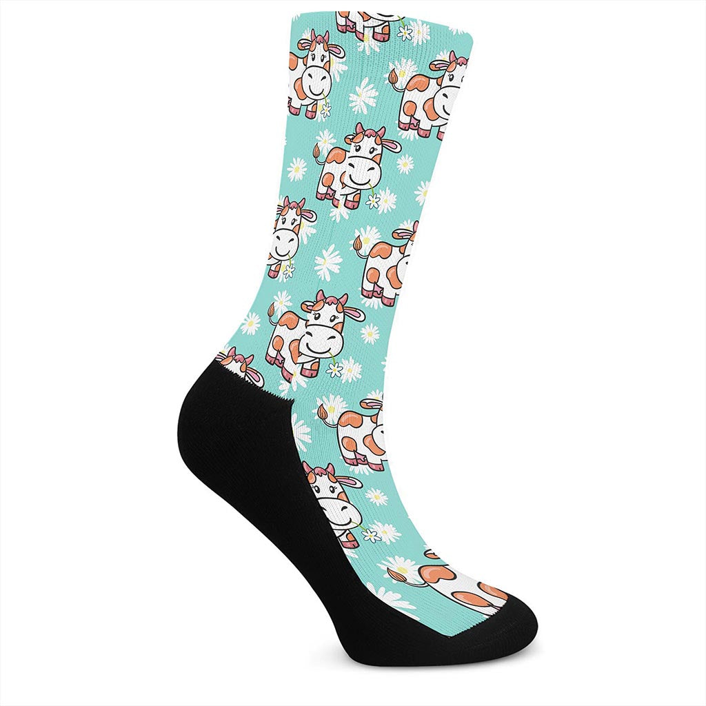 Cartoon Cow And Daisy Flower Print Crew Socks