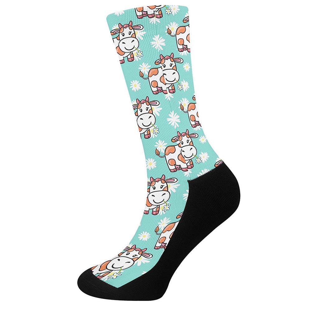 Cartoon Cow And Daisy Flower Print Crew Socks