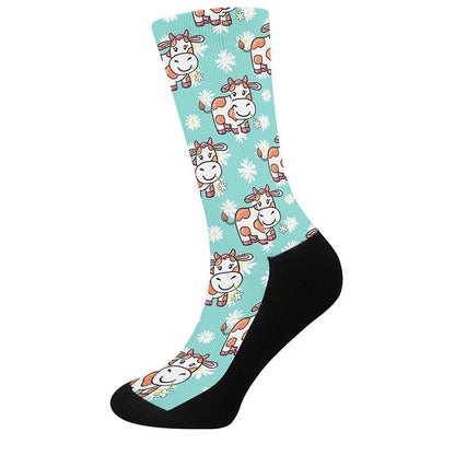 Cartoon Cow And Daisy Flower Print Crew Socks