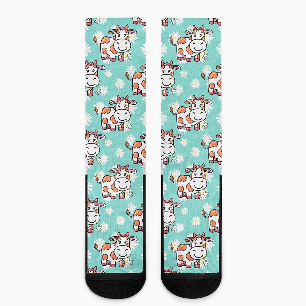 Cartoon Cow And Daisy Flower Print Crew Socks