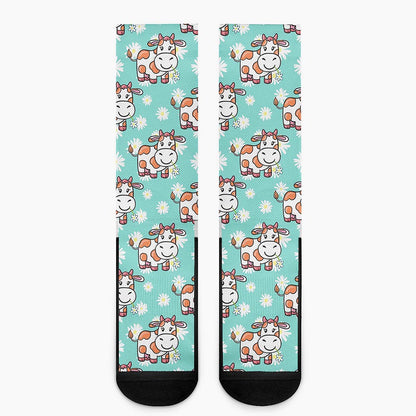 Cartoon Cow And Daisy Flower Print Crew Socks