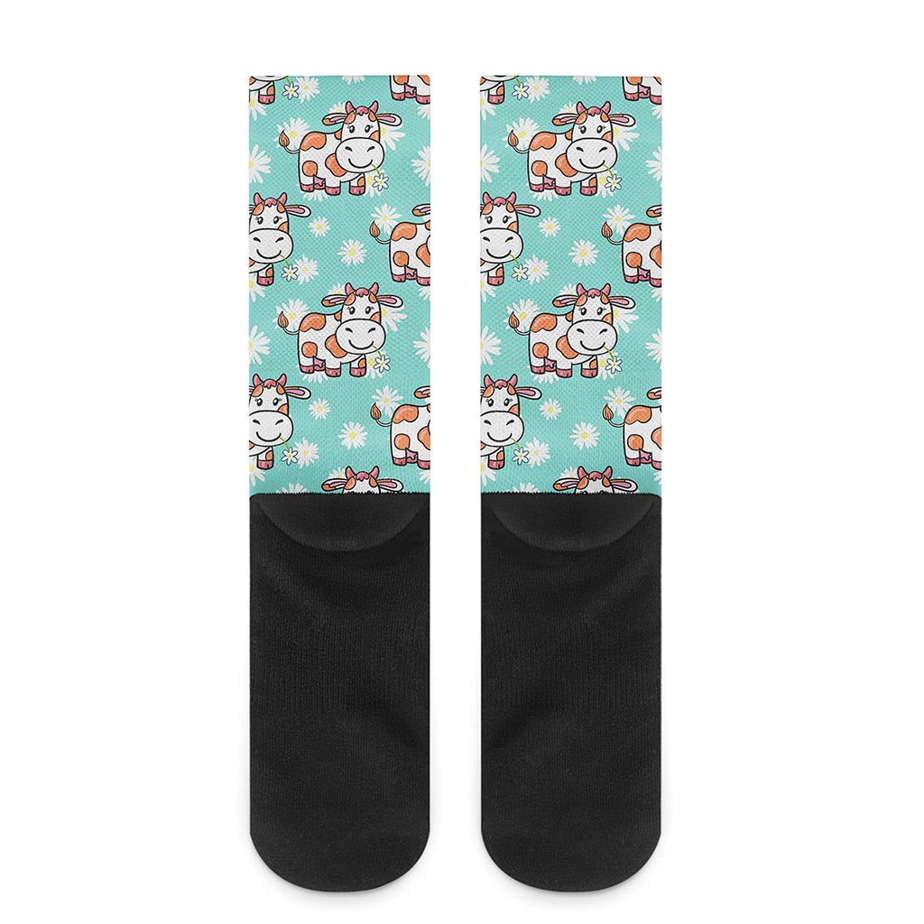 Cartoon Cow And Daisy Flower Print Crew Socks